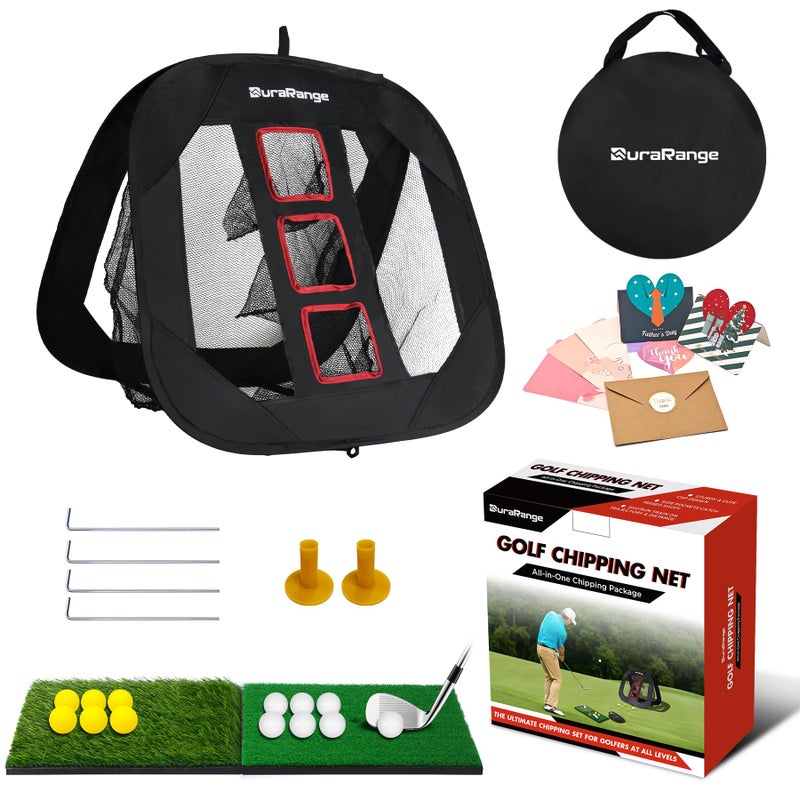 DURARANGE Pop-up Golf Chipping Net Set - Foldable Training Kit with 2 Hitting Mats, 6 Practice Balls, 6 Foam Balls - Ultimate Golf Gift & Target Chipping Aids, Black - Image 1